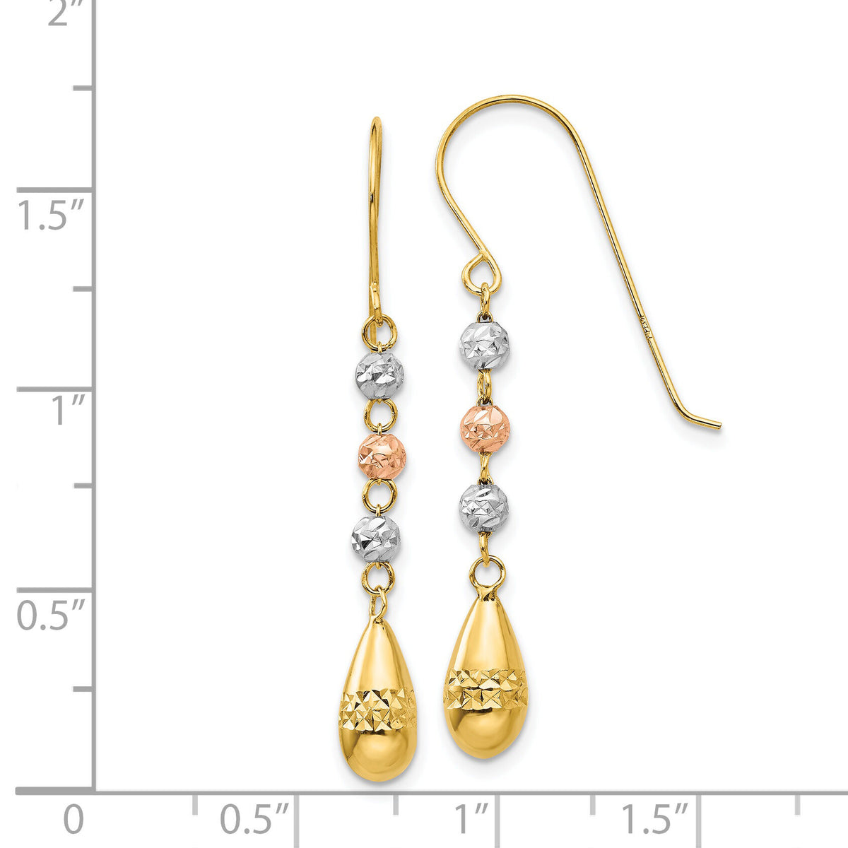 14k Tri-color Diamond-cut Teardrop Beaded Puff Dangle Earrings-TL537