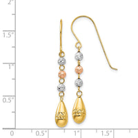 14k Tri-color Diamond-cut Teardrop Beaded Puff Dangle Earrings-TL537