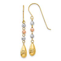 14k Tri-color Diamond-cut Teardrop Beaded Puff Dangle Earrings-TL537
