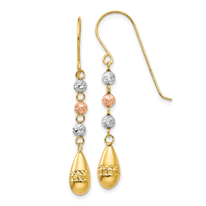 14k Tri-color Diamond-cut Teardrop Beaded Puff Dangle Earrings-TL537