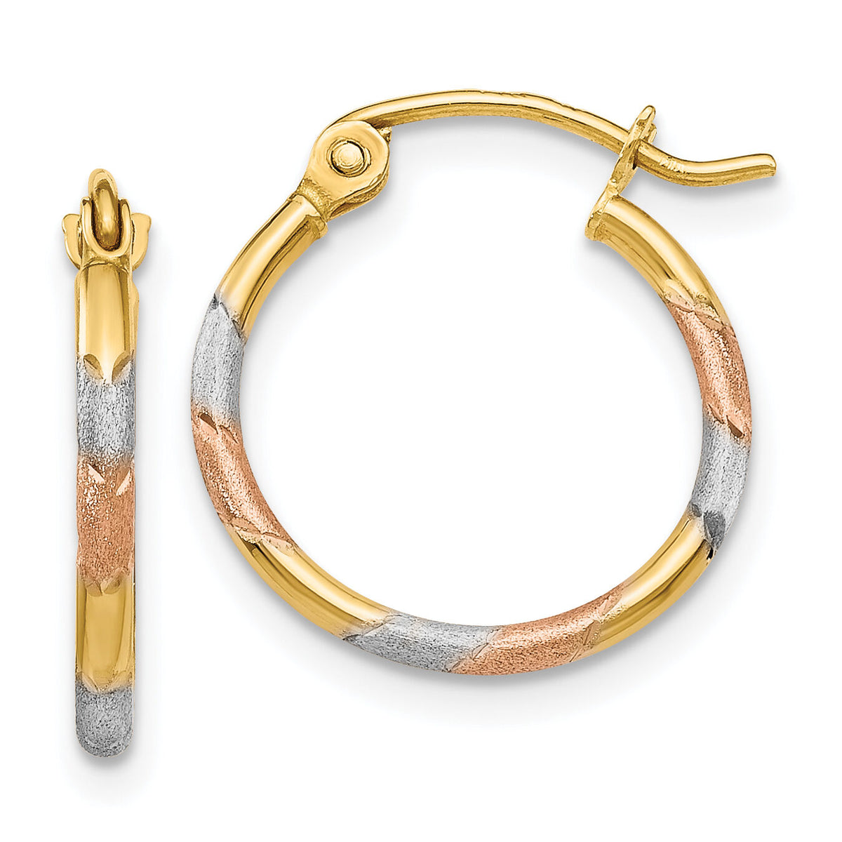 14K w/White and Rose Rhodium 1.5mm Satin & D/C Hoop Earrings-TL640