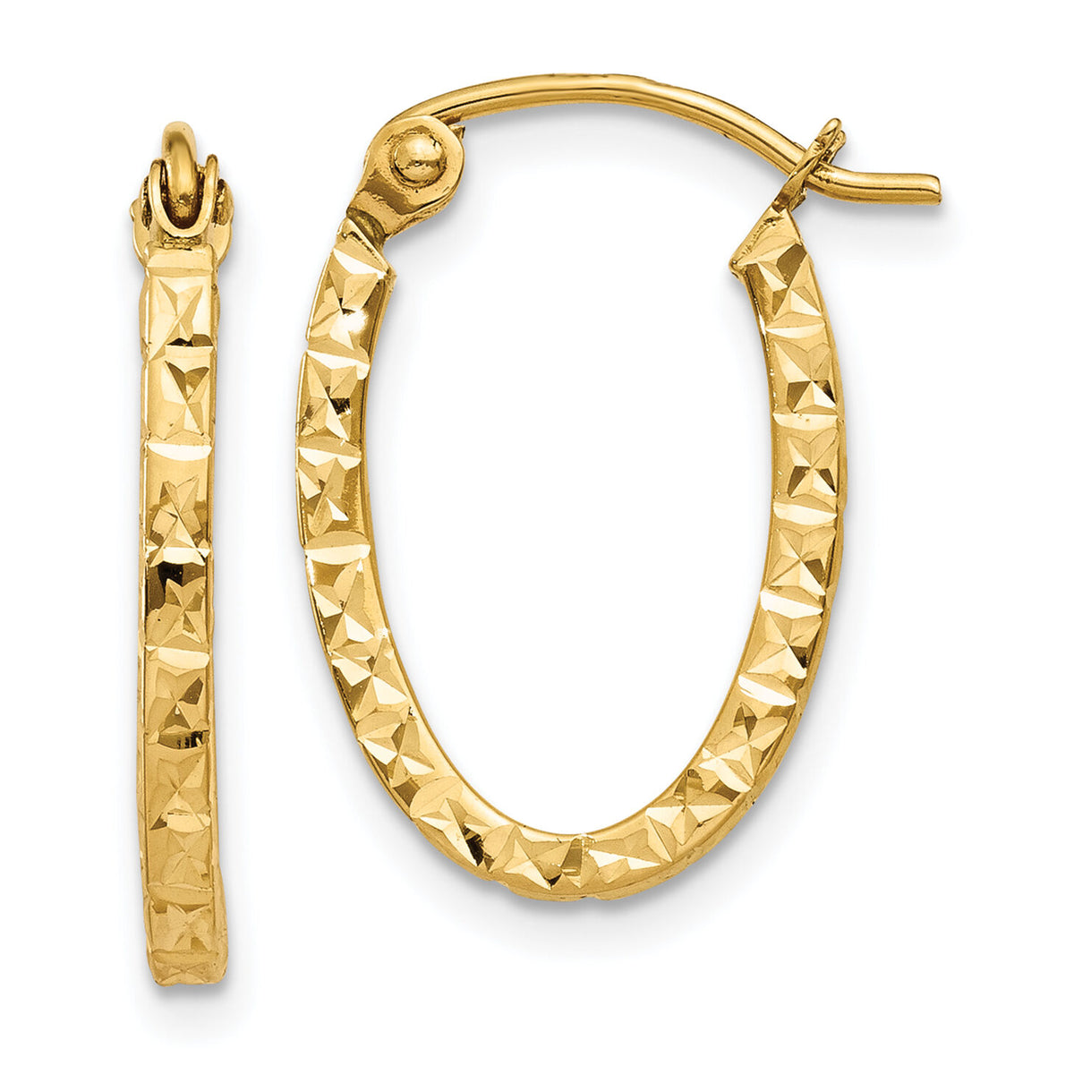 14K Diamond Cut Oval Hollow Hoop Earrings-TL652
