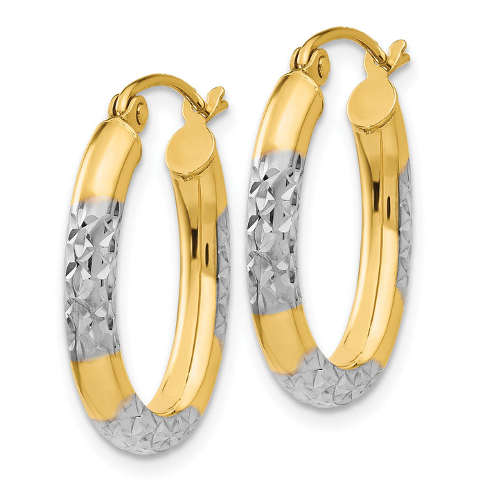14K & Rhodium 3mm Diamond Cut Oval Hollow Hoop Earrings-TL659