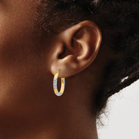 14K & Rhodium 3mm Diamond Cut Oval Hollow Hoop Earrings-TL659