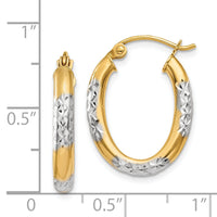 14K & Rhodium 3mm Diamond Cut Oval Hollow Hoop Earrings-TL659