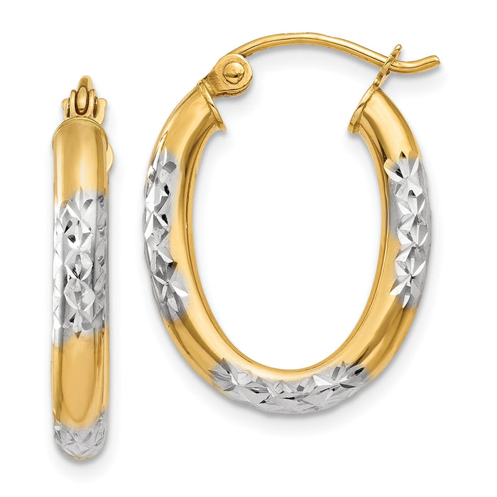 14K & Rhodium 3mm Diamond Cut Oval Hollow Hoop Earrings-TL659