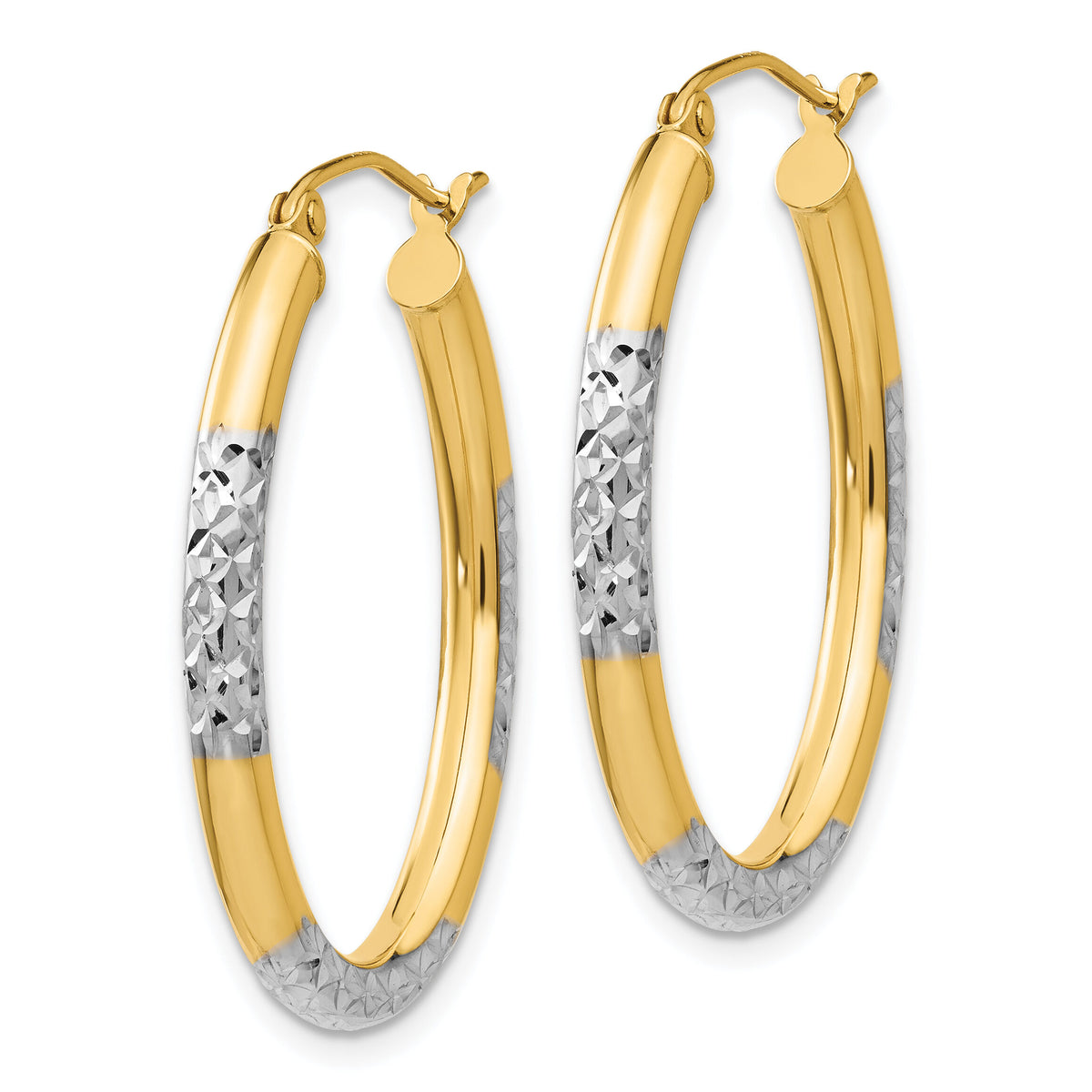 14K w/ White Rhodium 3mm Diamond Cut Oval Hollow Hoop Earrings-TL660