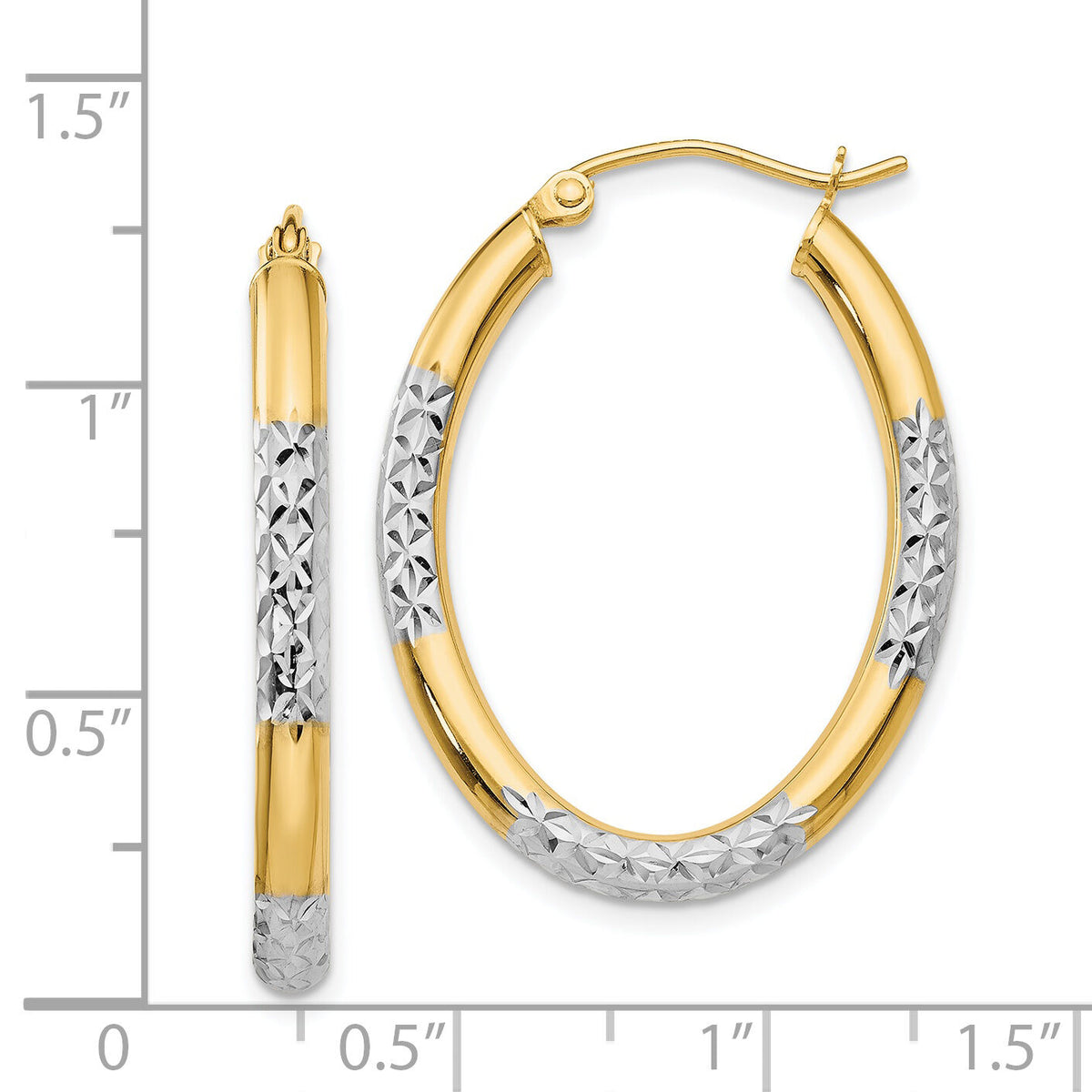 14K w/ White Rhodium 3mm Diamond Cut Oval Hollow Hoop Earrings-TL660