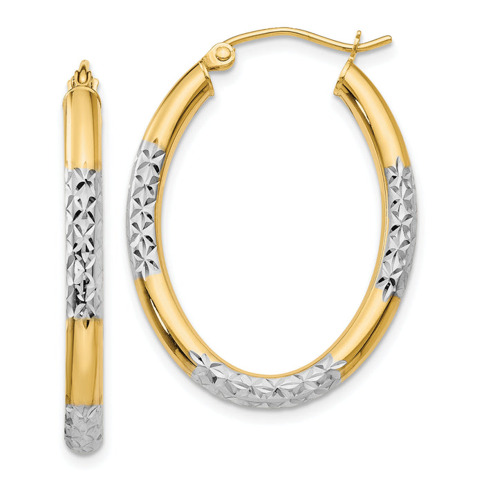 14K w/ White Rhodium 3mm Diamond Cut Oval Hollow Hoop Earrings-TL660