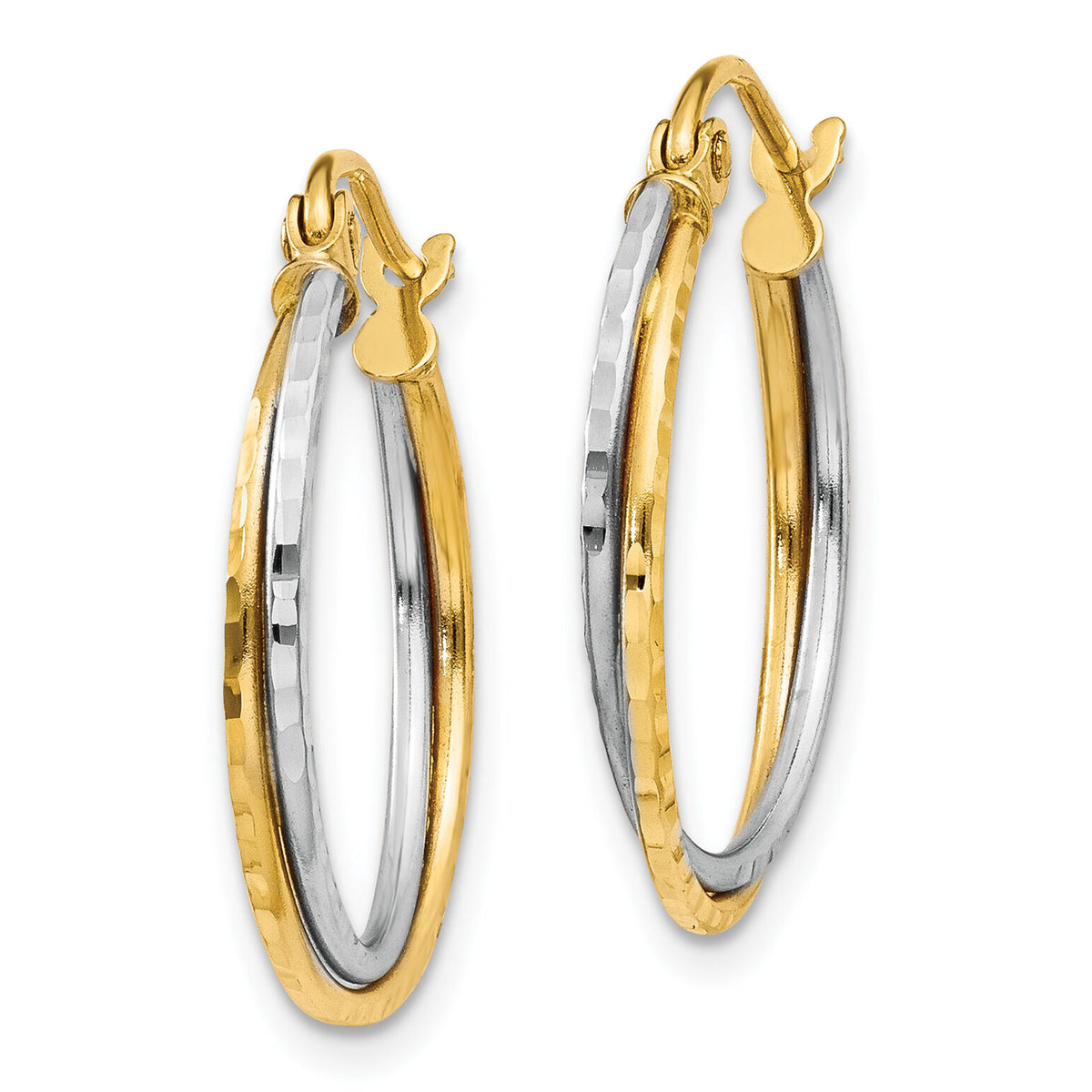14K Yellow and White Gold Diamond Cut Twisted Hoop Earrings-TL678