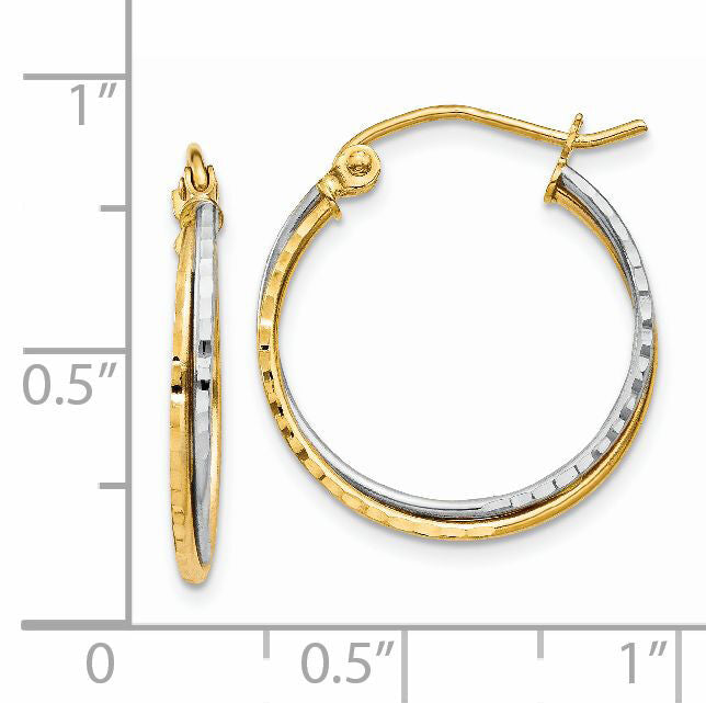 14K Yellow and White Gold Diamond Cut Twisted Hoop Earrings-TL678