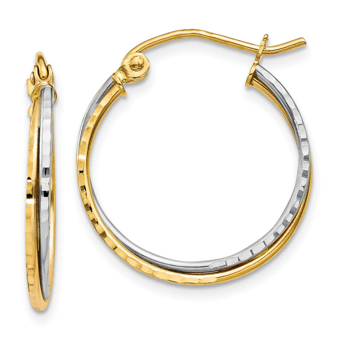 14K Yellow and White Gold Diamond Cut Twisted Hoop Earrings-TL678