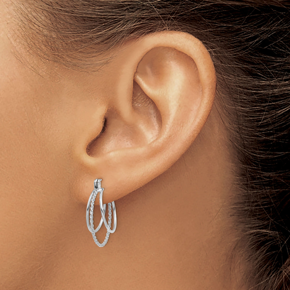 14k White Gold Polished and Textured Circle Hoop Earrings-TL721