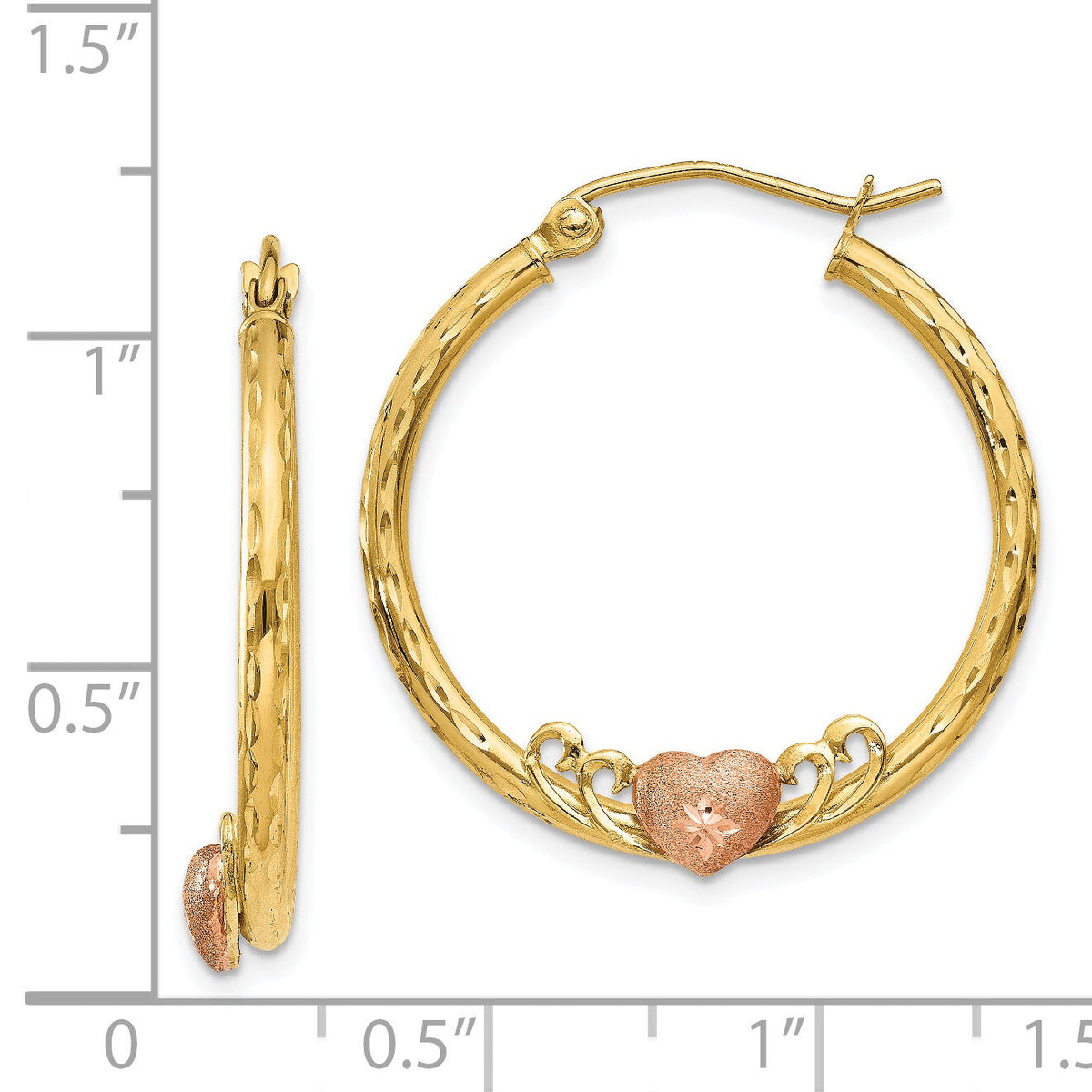 14K & Rose Heart D/C Hoop Earrings-TL736
