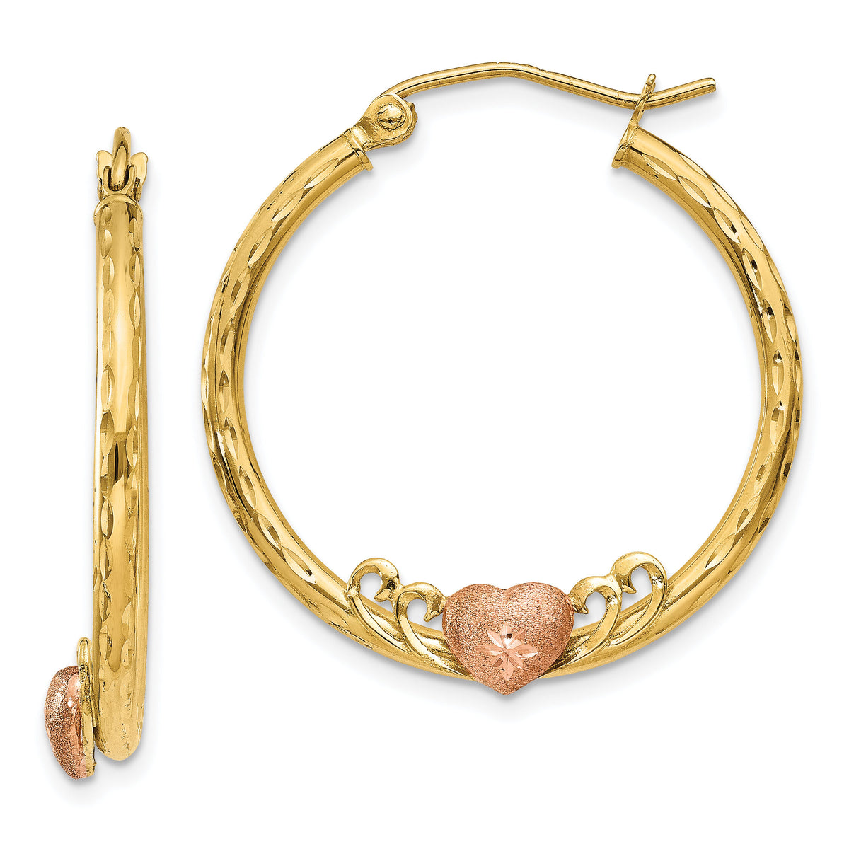 14K & Rose Heart D/C Hoop Earrings-TL736