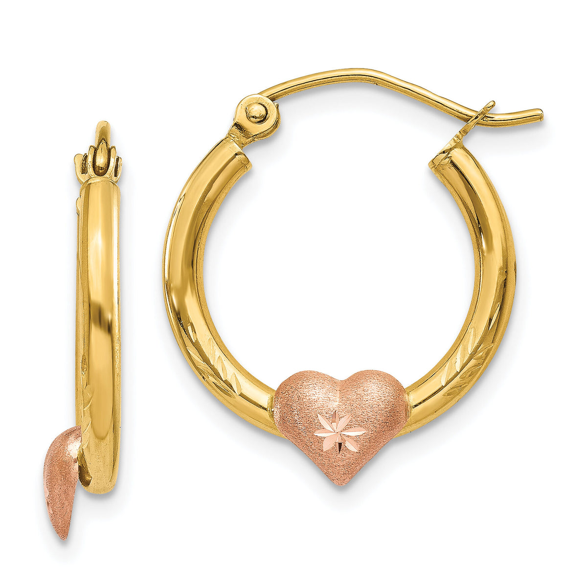 14K Yellow & Rose Gold Heart D/C Hoop Earrings-TL738