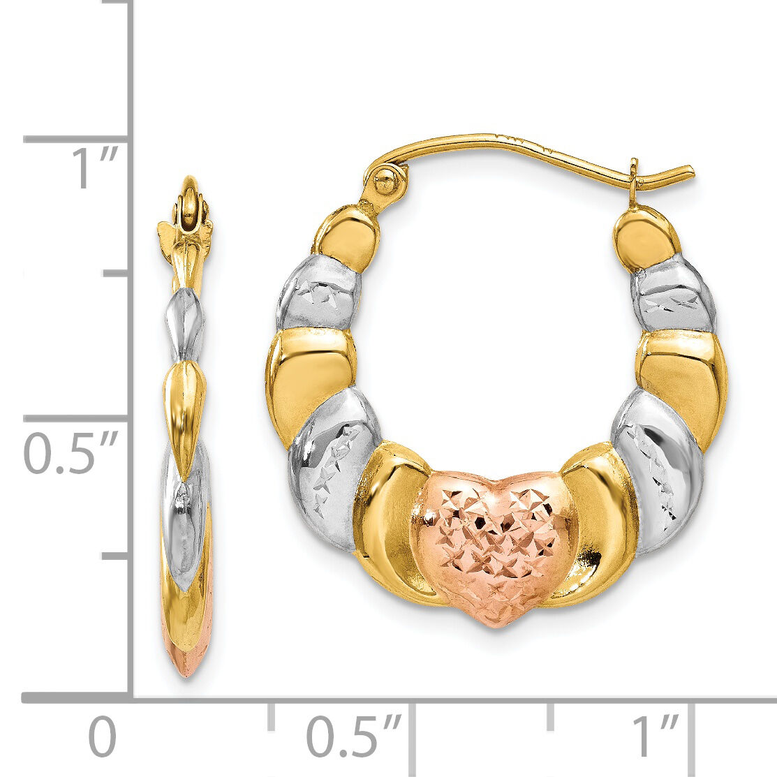 14K & White and Rose Rhodium Scalloped Heart Hoop Earrings-TL743