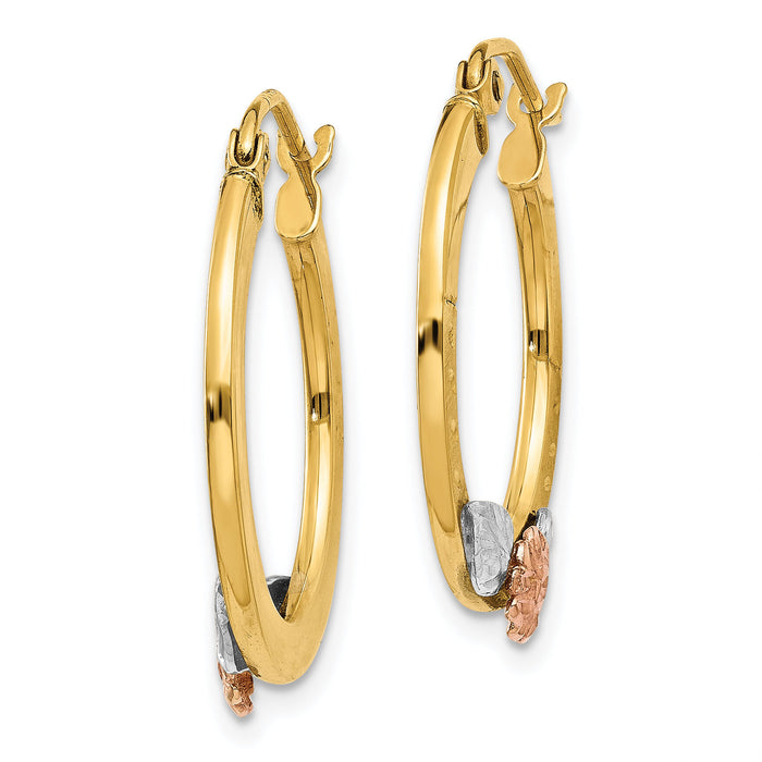 14K Yellow & Rose Gold w/ Rhodium Diamond Cut Flower Hoop Earrings-TL745