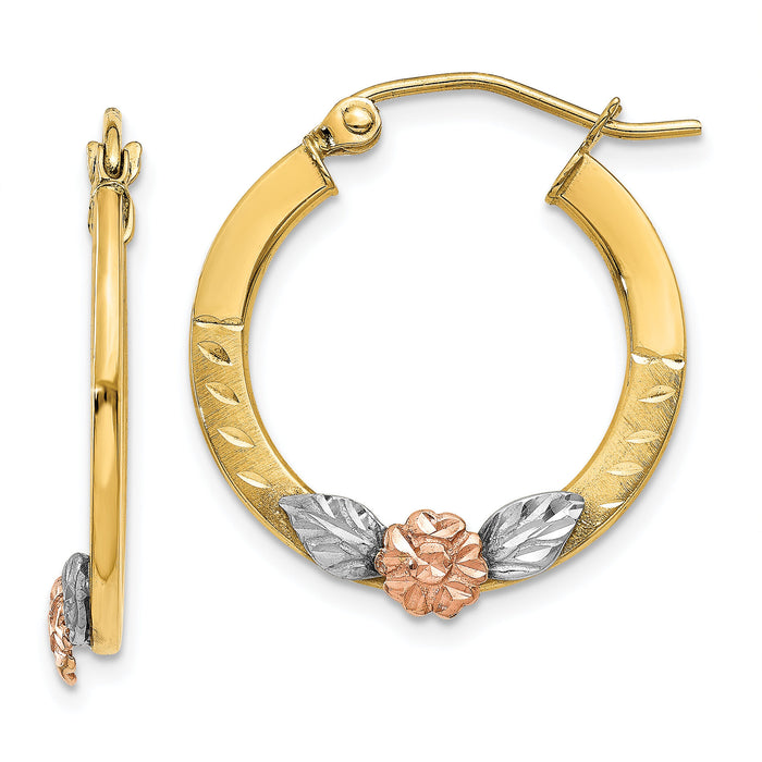 14K Yellow & Rose Gold w/ Rhodium Diamond Cut Flower Hoop Earrings-TL745