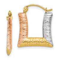 14K & White & Rose Rhodium Hollow Textured Square Hoop Earrings-TL753