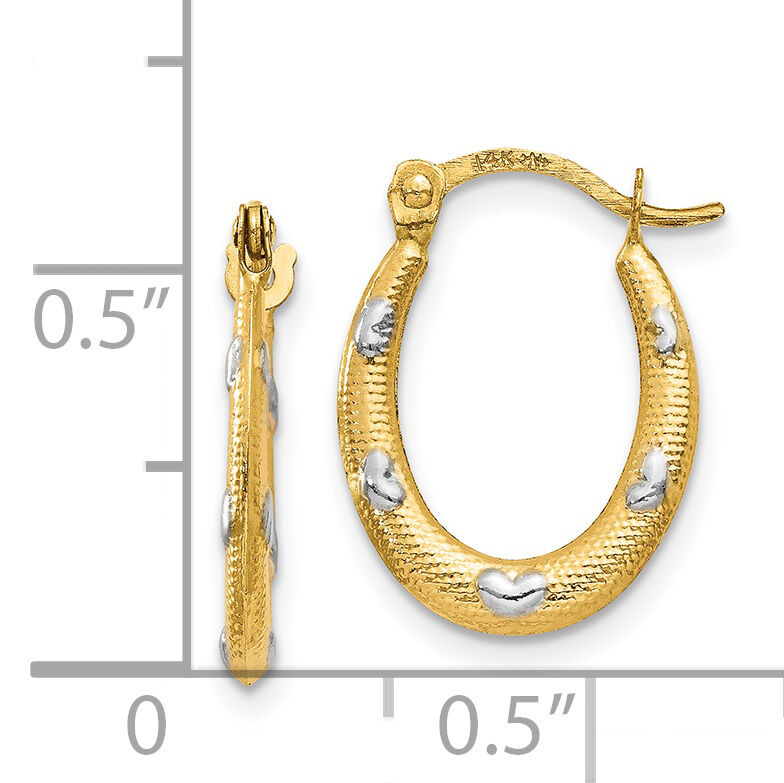 14K Rhodium Textured Hollow Oval w/ Hearts Hoop Earrings-TL756