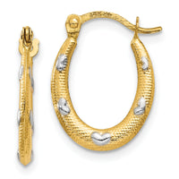 14K Rhodium Textured Hollow Oval w/ Hearts Hoop Earrings-TL756