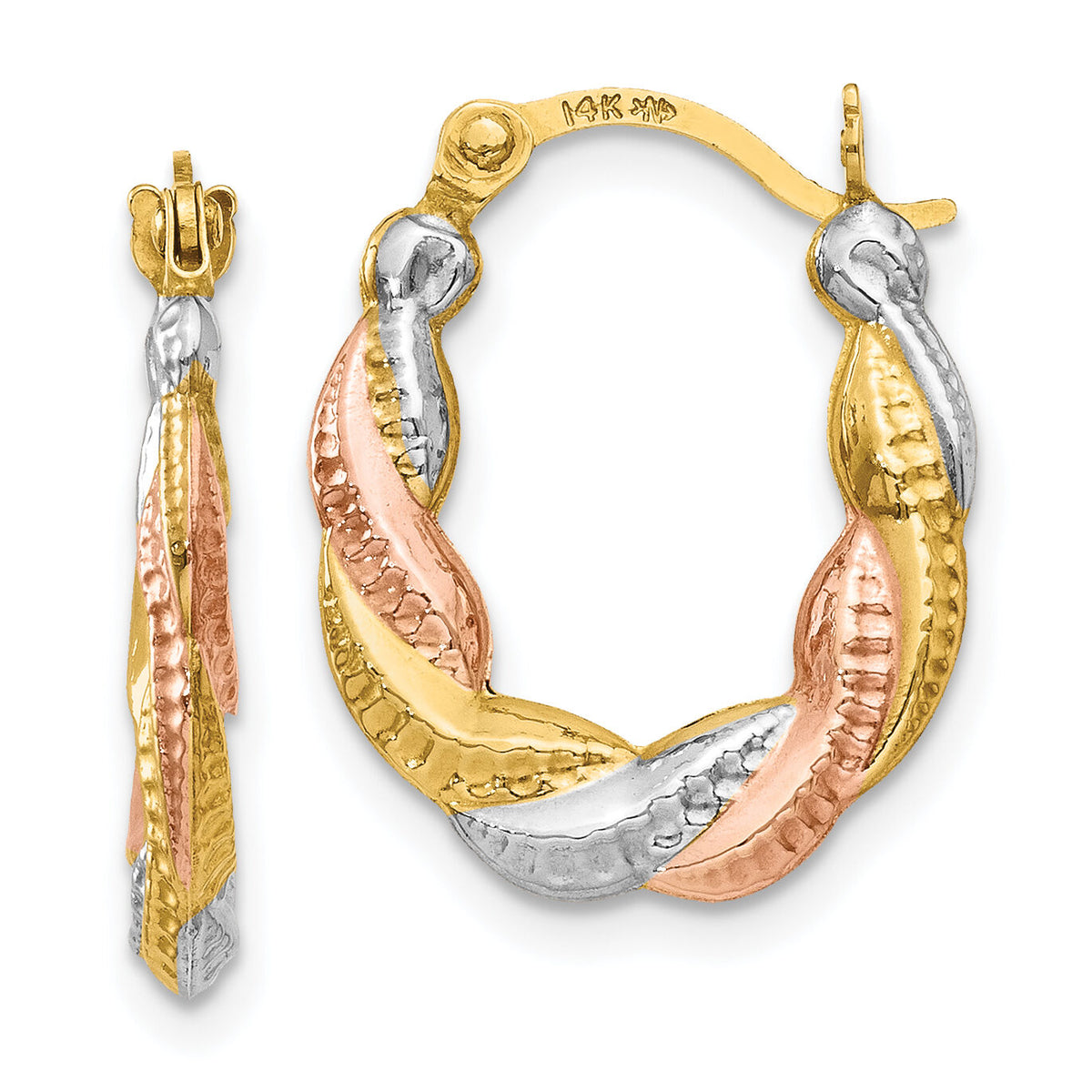 14K & White and Rose Rhodium Hollow Scalloped Hoop Earrings-TL761