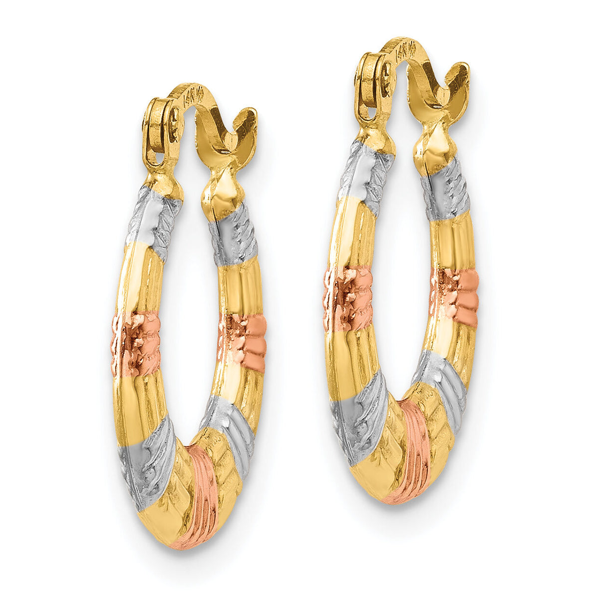 14K & White and Rose Rhodium Hollow Textured Hoop Earrings-TL762