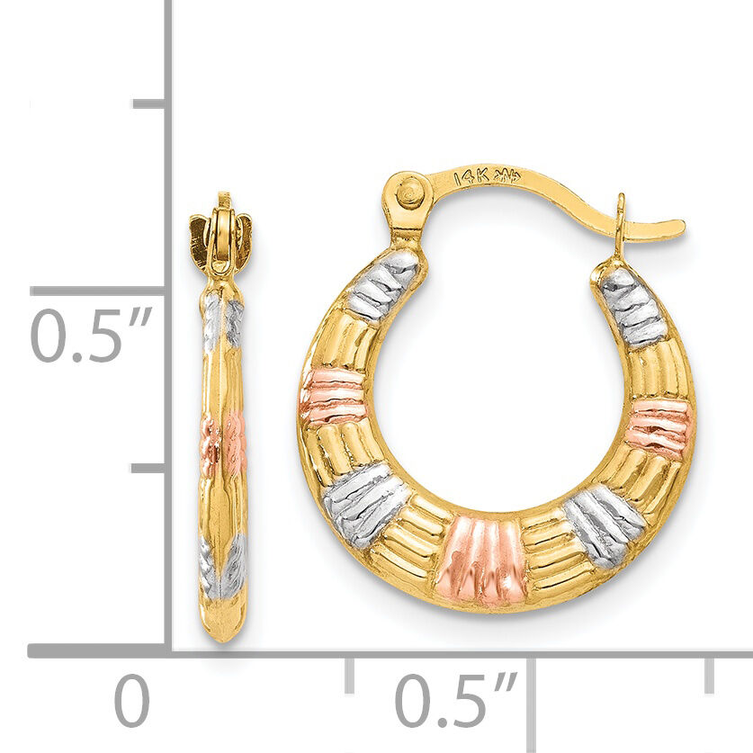 14K & White and Rose Rhodium Hollow Textured Hoop Earrings-TL762