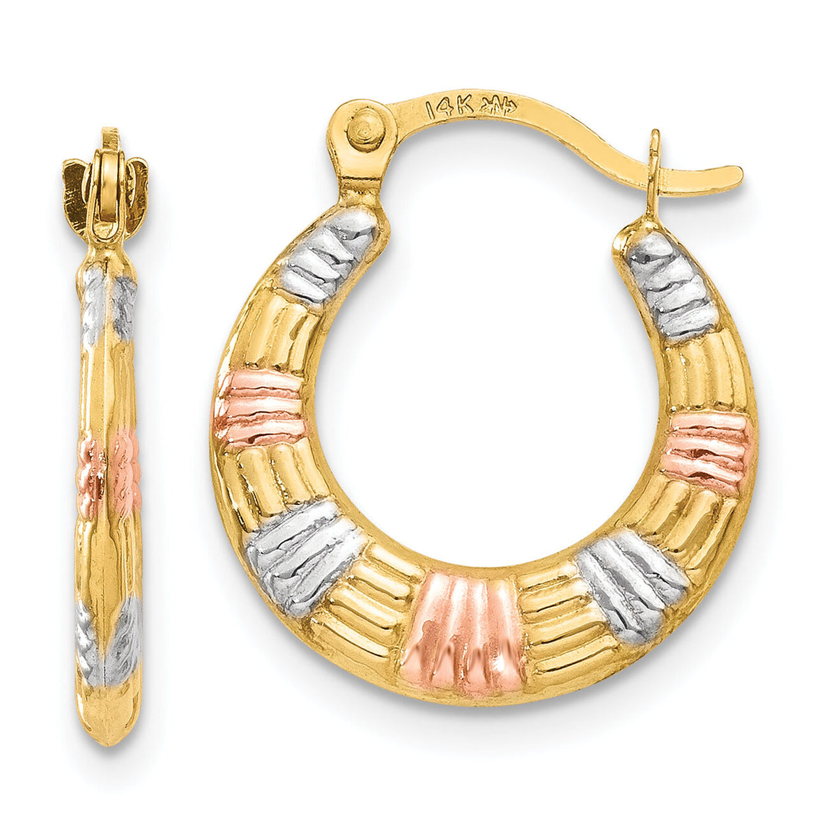 14K & White and Rose Rhodium Hollow Textured Hoop Earrings-TL762