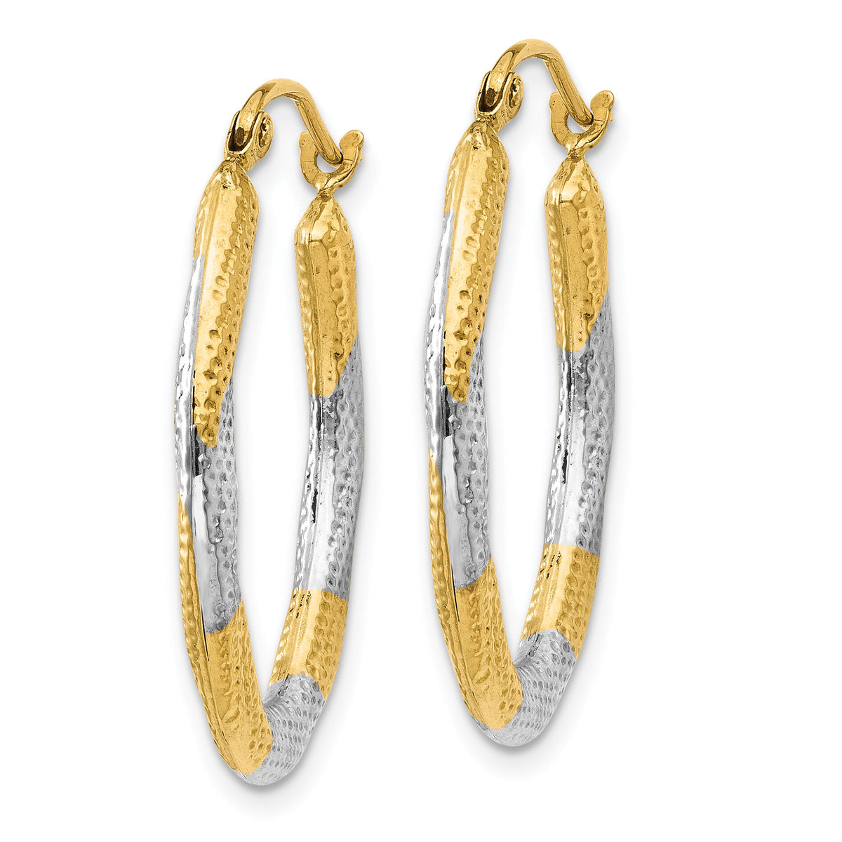 14K & Rhodium Textured Hollow Oval Hoop Earrings-TL764