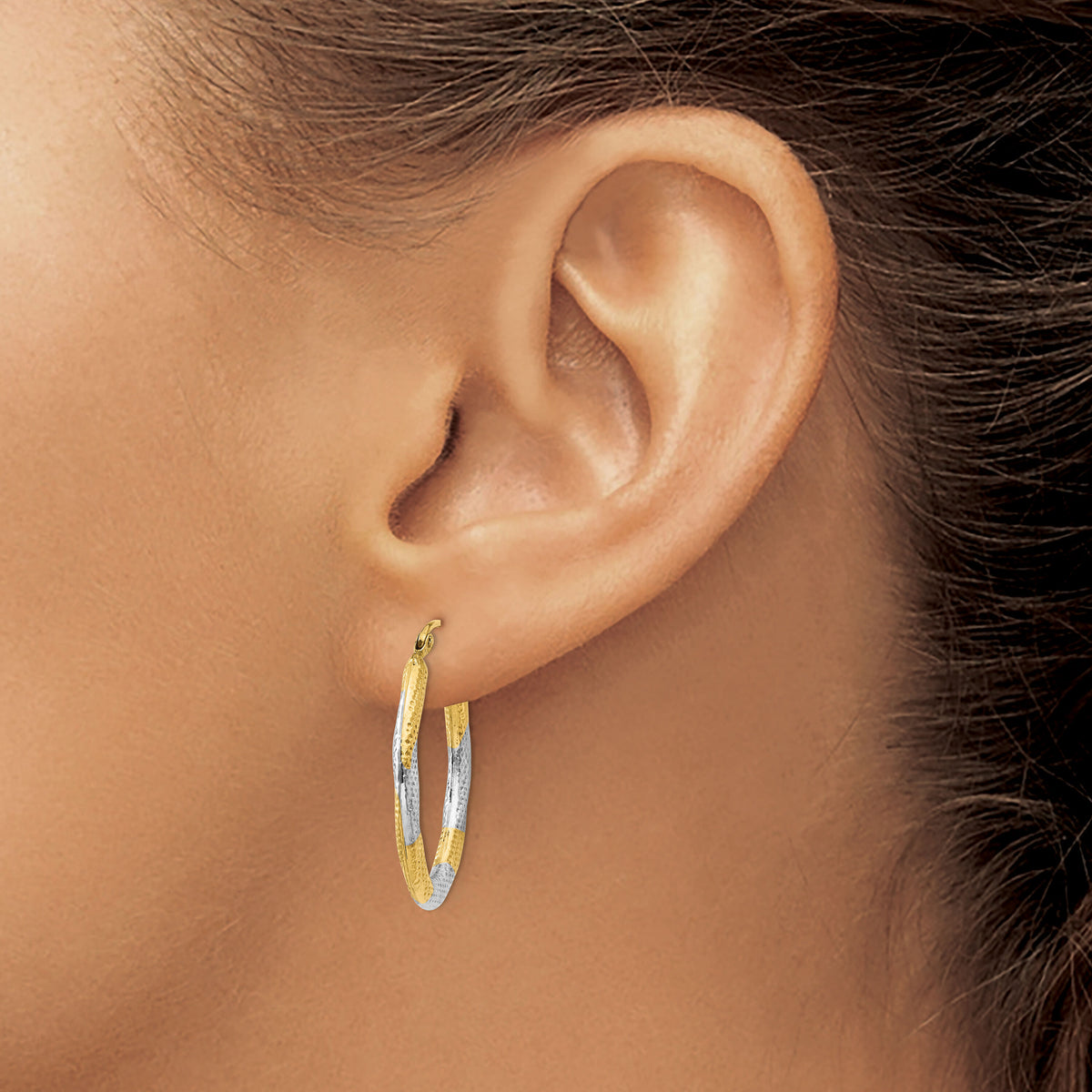14K & Rhodium Textured Hollow Oval Hoop Earrings-TL764