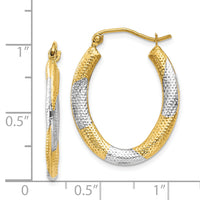 14K & Rhodium Textured Hollow Oval Hoop Earrings-TL764