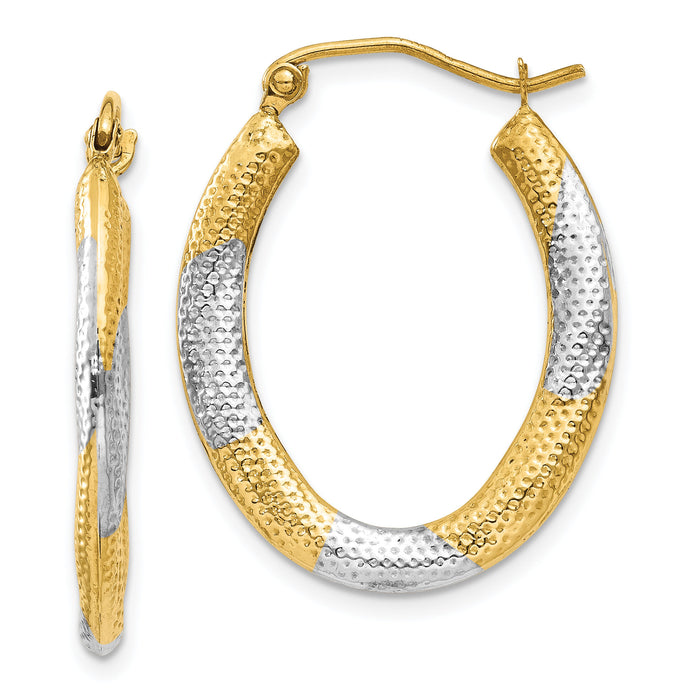 14K & Rhodium Textured Hollow Oval Hoop Earrings-TL764