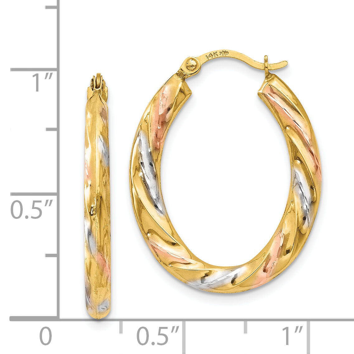 14K & White & Rose Rhodium Oval Hollow Scallop Hoop Earrings-TL770