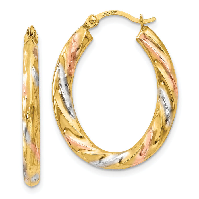 14K & White & Rose Rhodium Oval Hollow Scallop Hoop Earrings-TL770