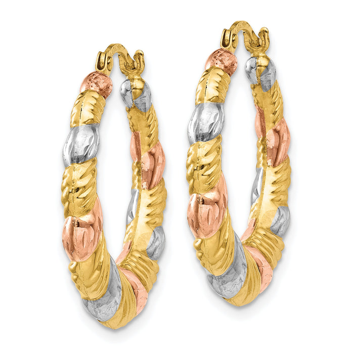 14K & White and Rose Rhodium Hollow Scalloped Hoop Earrings-TL771