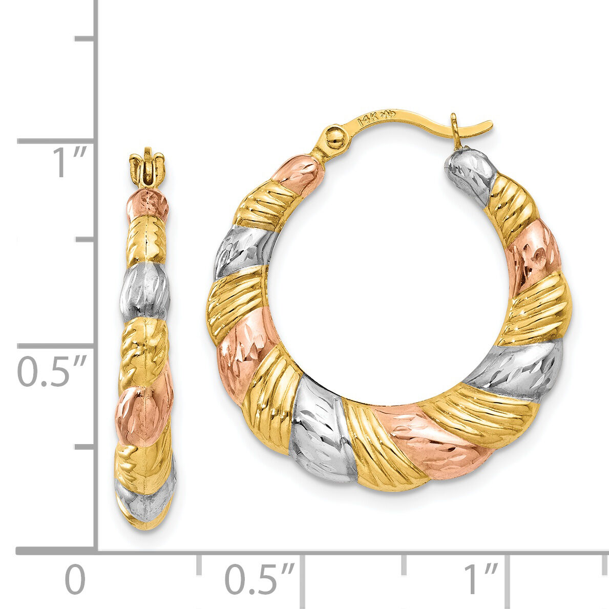 14K & White and Rose Rhodium Hollow Scalloped Hoop Earrings-TL771
