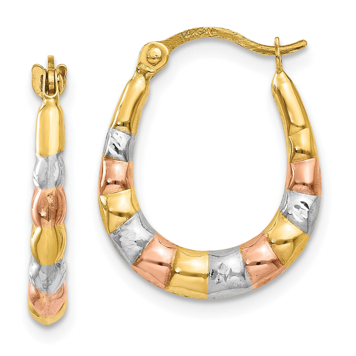 14K & White and Rose Rhodium Hollow Scalloped Hoop Earrings-TL775