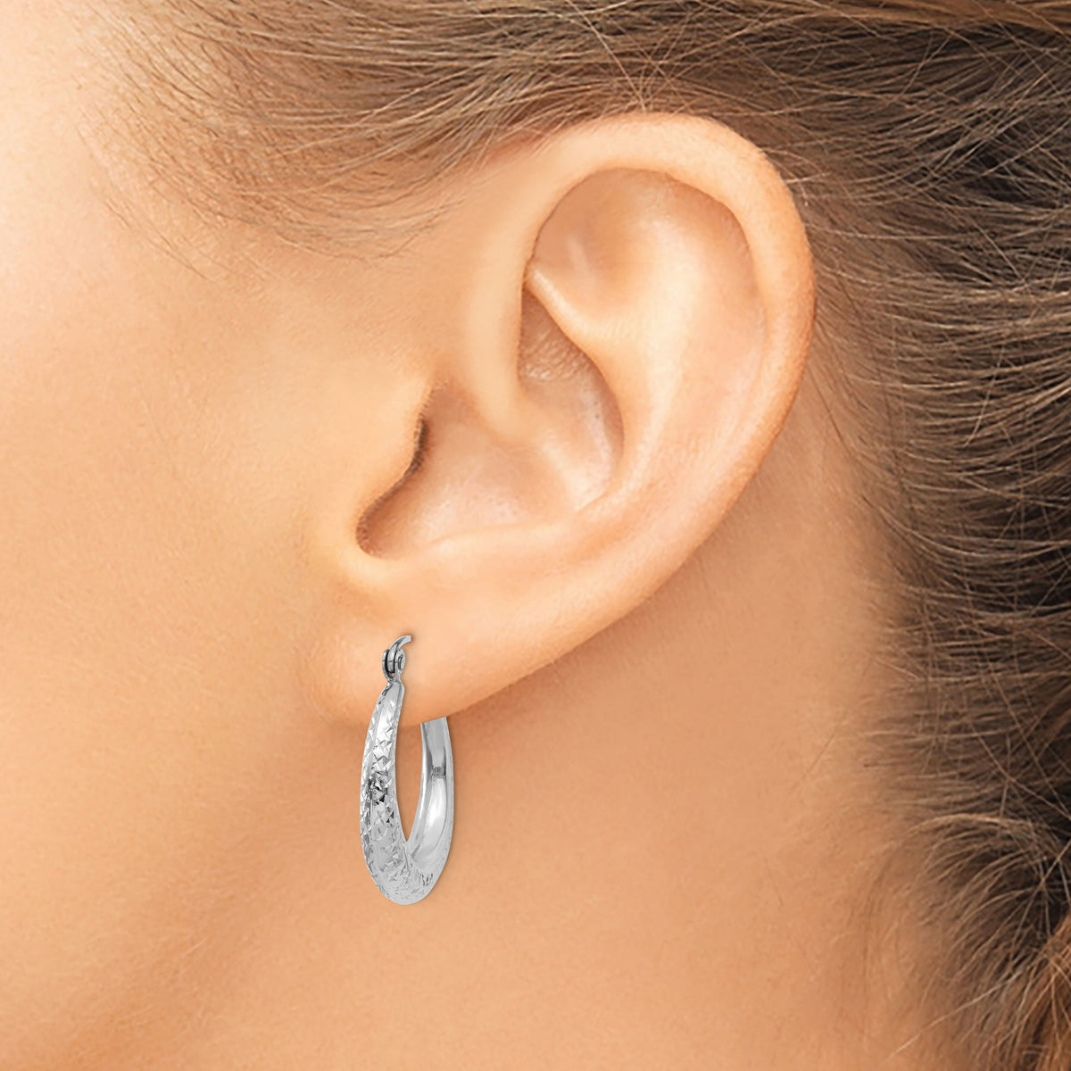 14K White Gold Diamond Cut Hollow Hoop Earrings-TL777