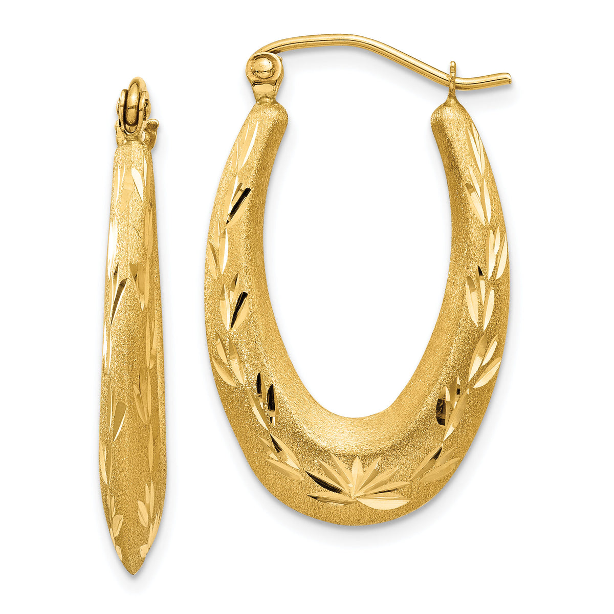 14K Satin Diamond Cut Hollow Hoop Earrings-TL782