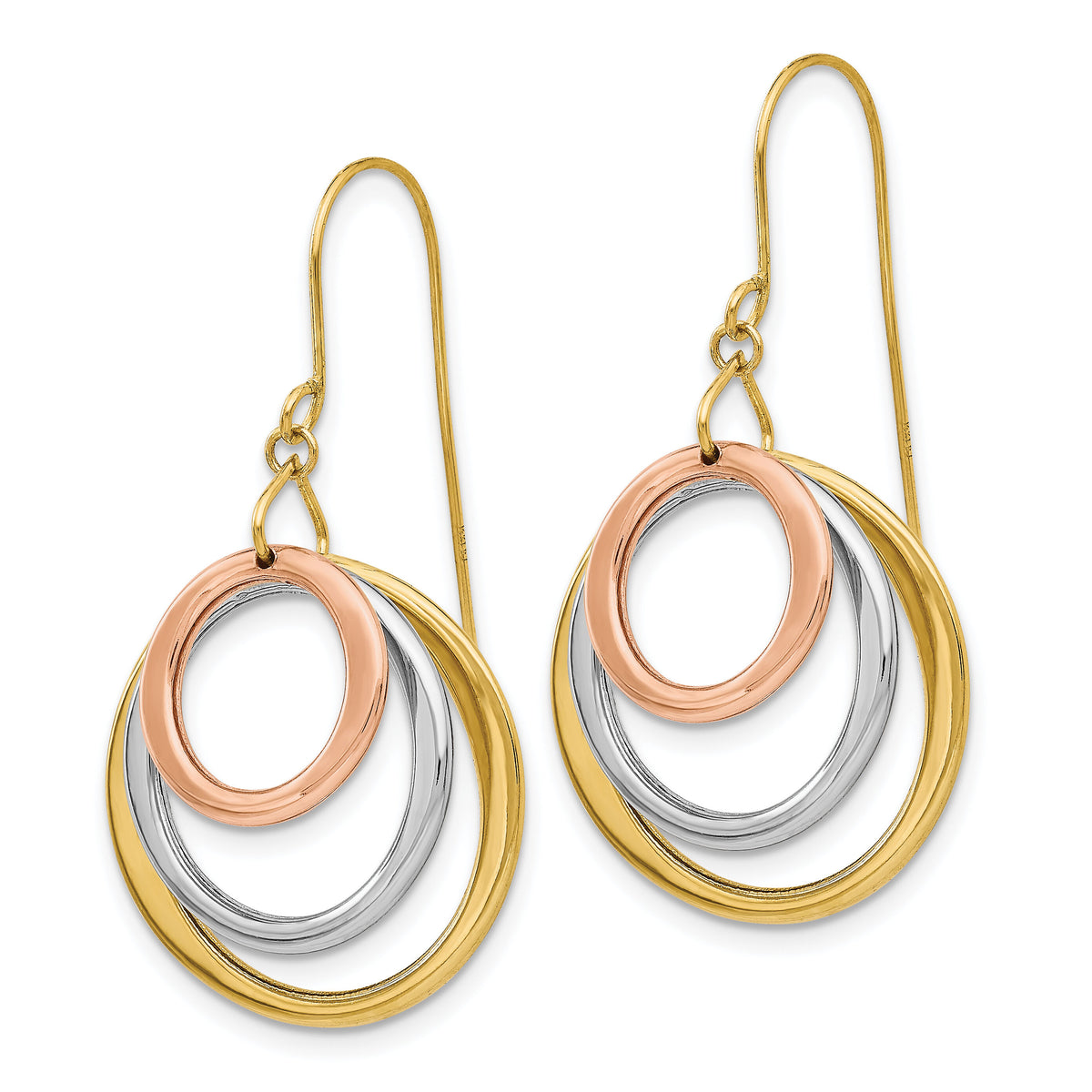 14K Tri-color Circle Dangle Shepherd Hook Earrings-TL812