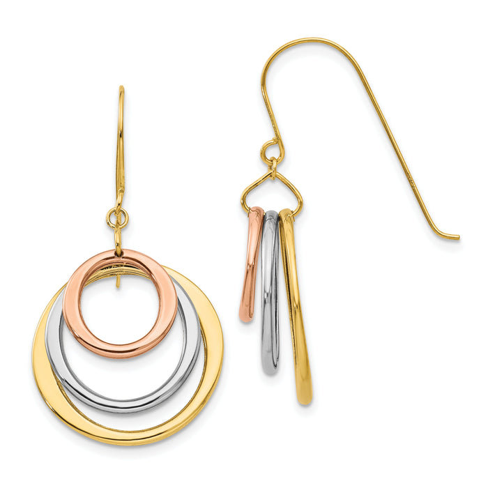 14K Tri-color Circle Dangle Shepherd Hook Earrings-TL812
