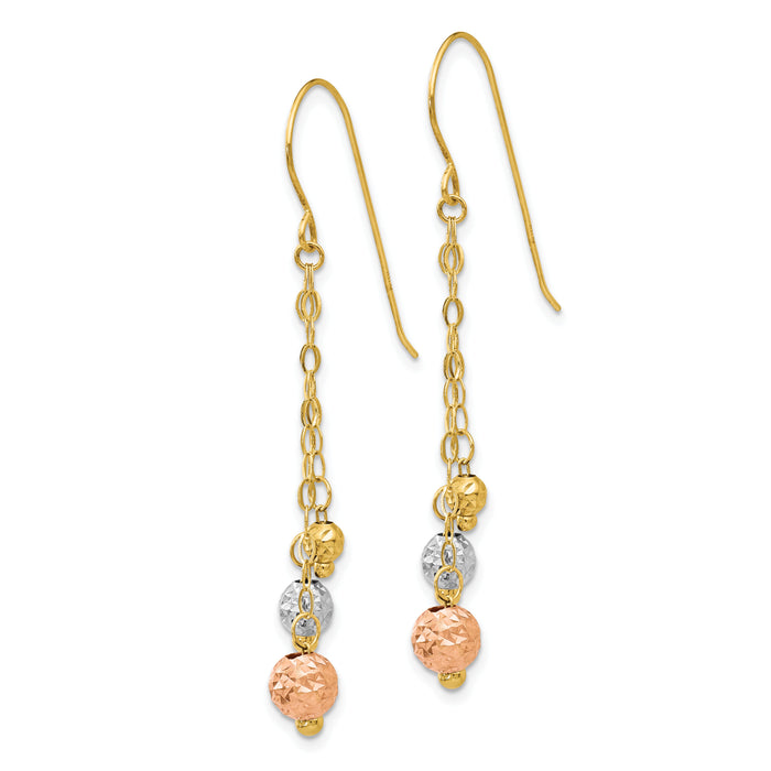 14K Tri-color w/Diamond-cut Beads Dangle Earrings-TL859