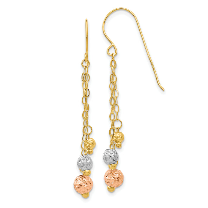 14K Tri-color w/Diamond-cut Beads Dangle Earrings-TL859