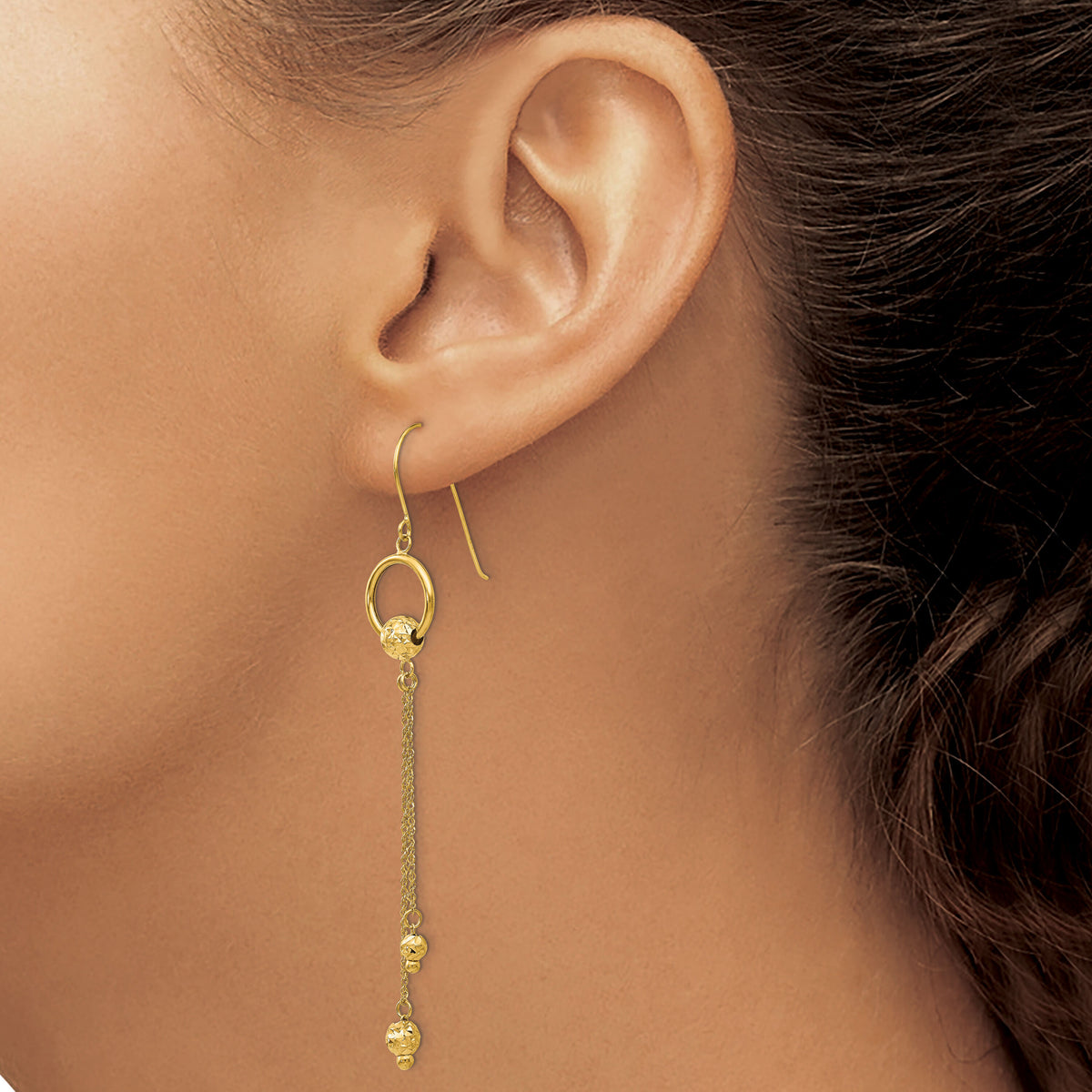 14K Gold Diamond Cut Dangle Shepherd Hook Earrings-TL861