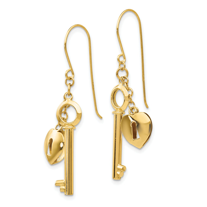 14K Gold Puff Heart Lock and Key Earrings-TL869