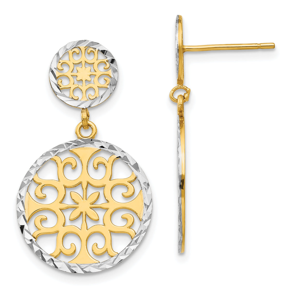 14k & Rhodium D/C Circles Dangle Post Earrings-TL885