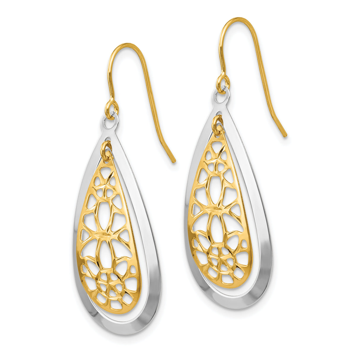 14k Two-tone Diamond Cut Polished Fancy Dangle Earrings-TL895