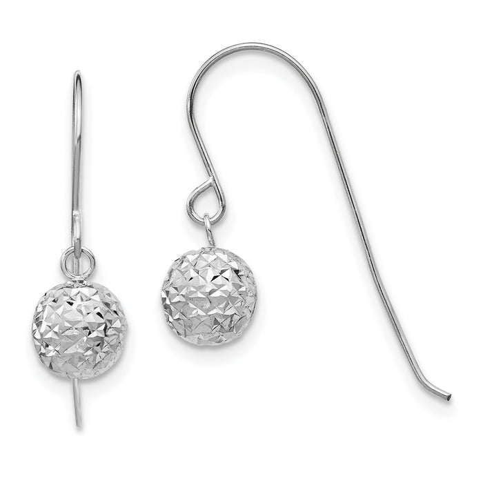 14K White Gold 6mm Diamond Cut Ball Dangle Earrings-TL924